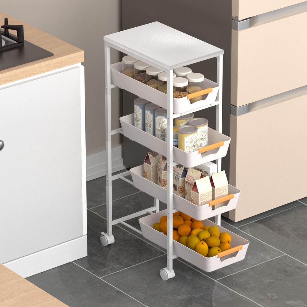5 Tier Slim Rolling Utility Cart with Drawers Pull-Out Design Slim Storage Ca...