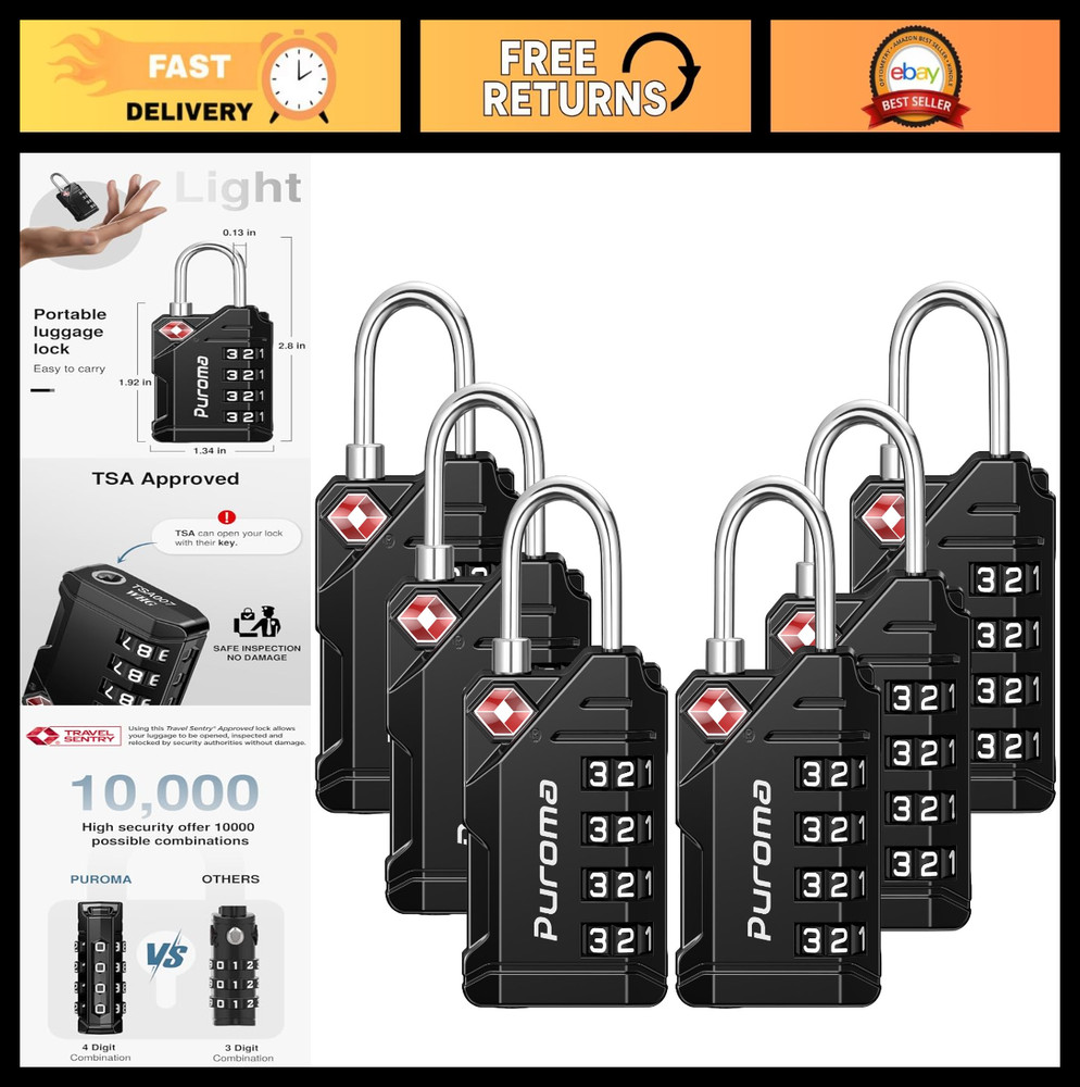 6 Pack TSA Approved Luggage Locks - 4 Digit Resettable Travel Combination Code,