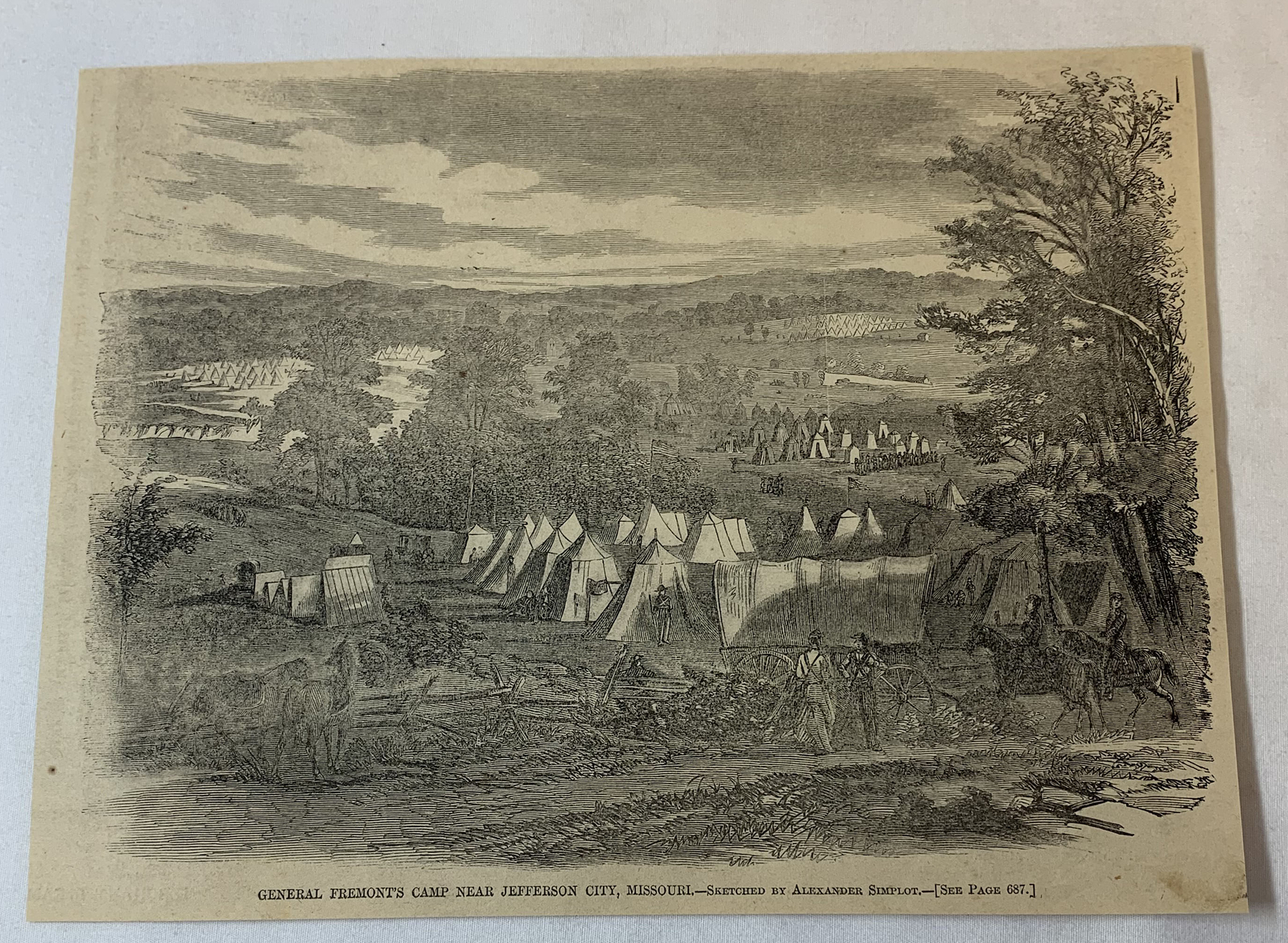 1861 magazine engraving~GENERAL FREMONT'S CAMP near Jefferson City, Missouri