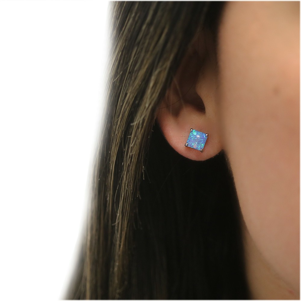 925 Sterling Silver 6mm Princess Cut Square Blue Fire Opal Stud Earrings