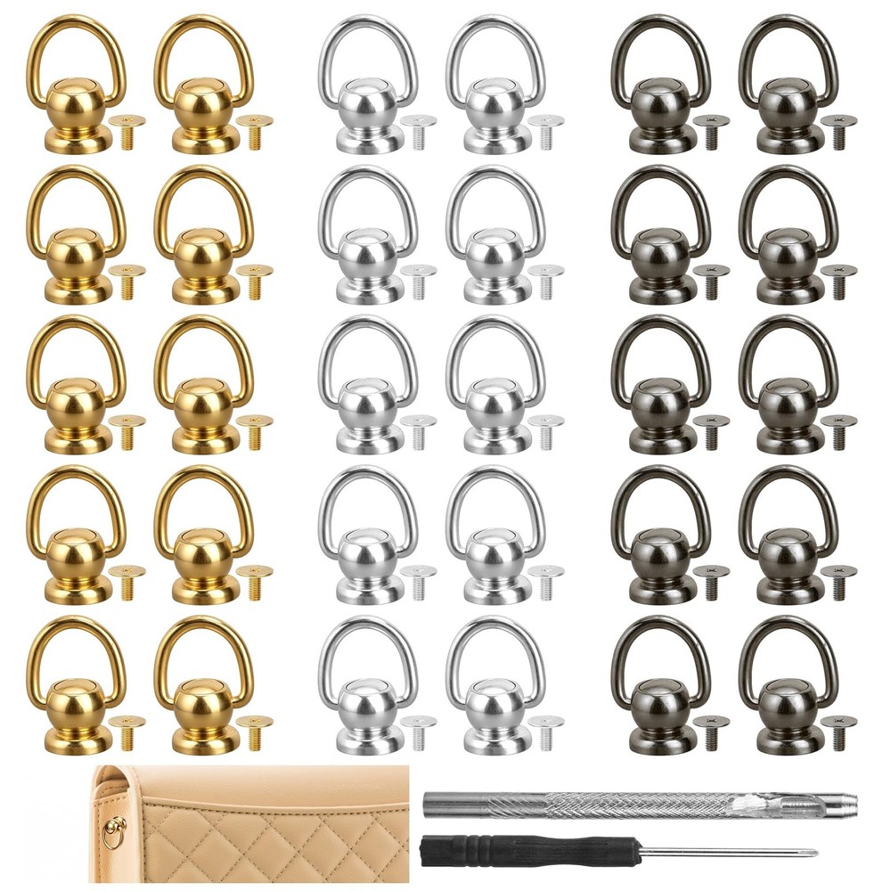 32 PCS Brass Ball Studs Rivets D Ring, Crossbody Conversion Kit, 360°rotatabl...