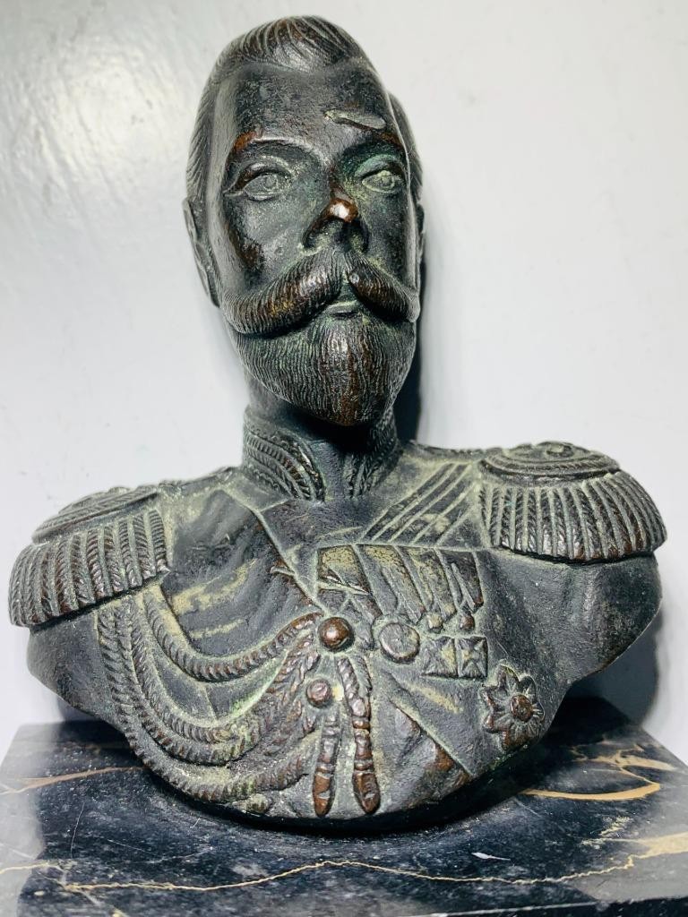 Antique Bronze Bust sculpture miniature Czar Nicholas II Black granite pedestal