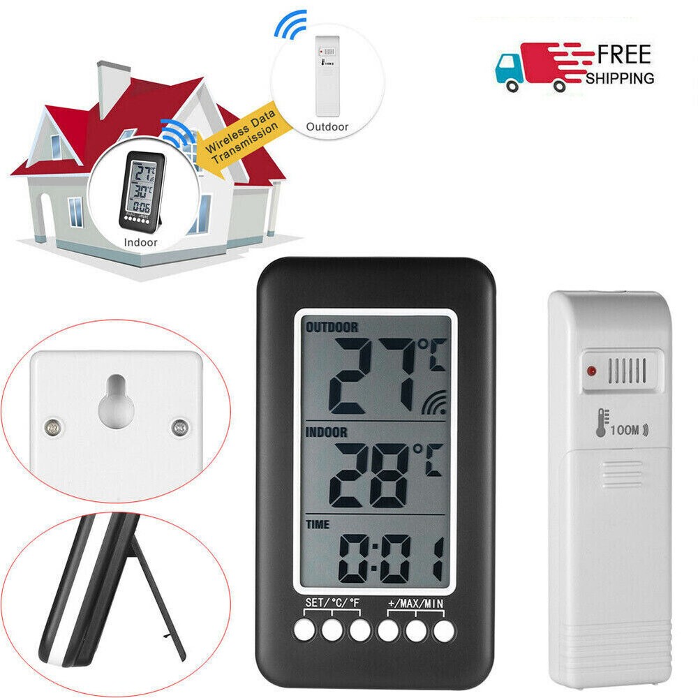 Digital Thermometer Clock Indoor/OutdoorTemperature Wireless Transmitter Meter