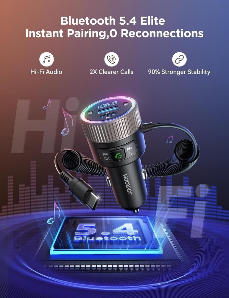 Bluetooth 5.4 FM Transmitter Car Adapter for iPhone 17 60W PD 3.0 Fast Charge...