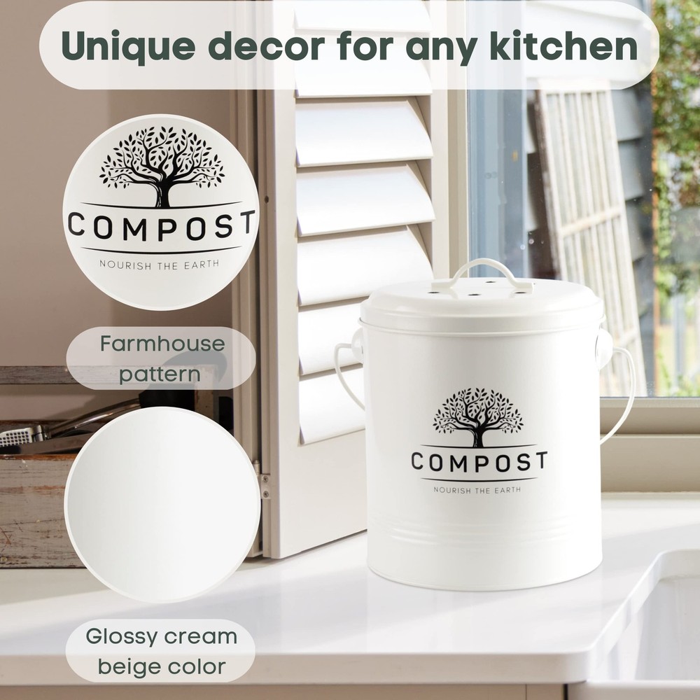 Kitchen Compost Bin, 1.3 Gallon Countertop Compost Bin with Lid, Indoor Compo...