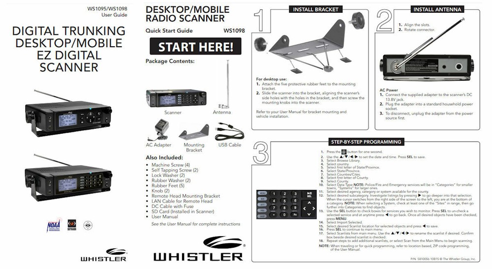 WHISTLER WS-1098 SCANNER OPERATING MANUAL + QUICK START GUIDE