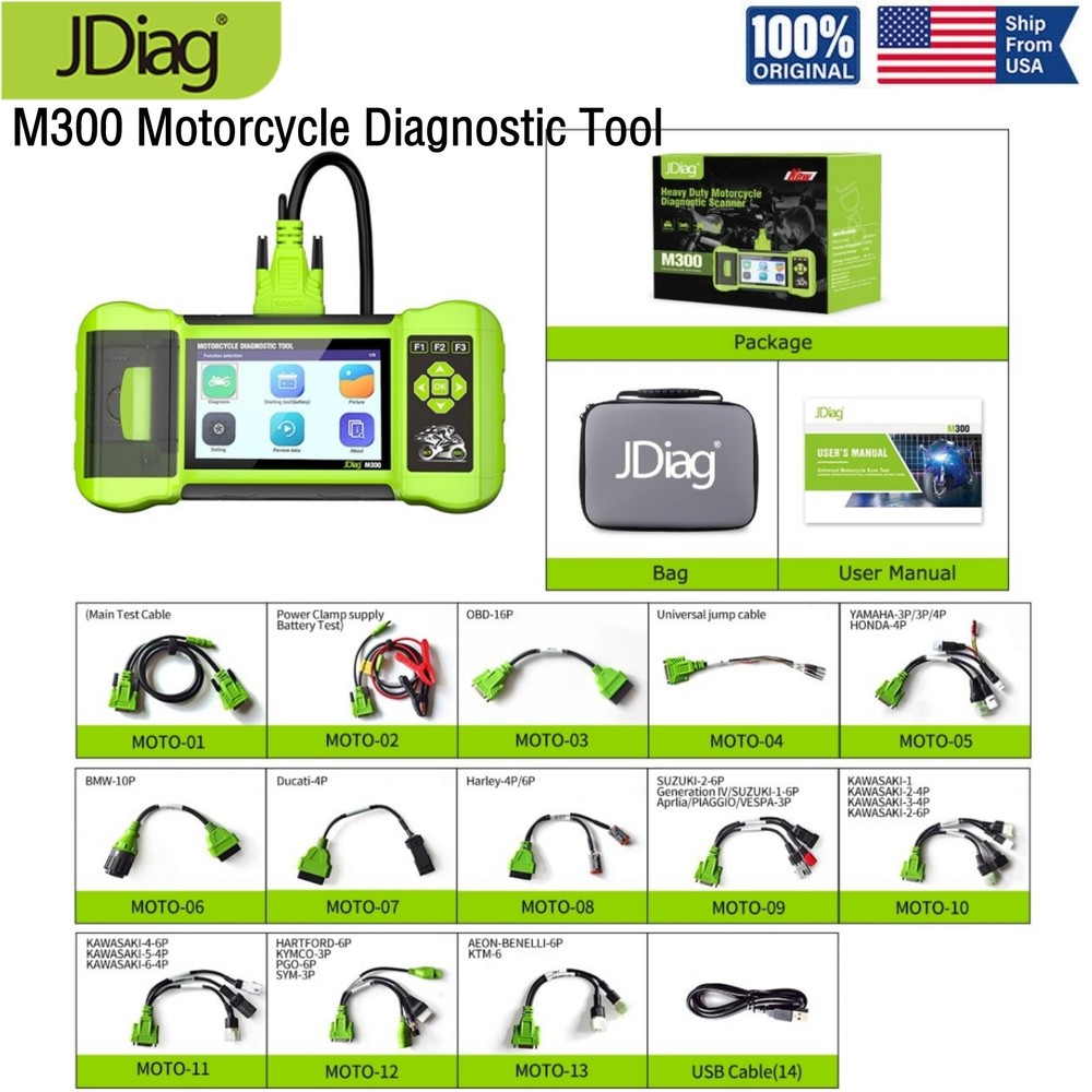 JDiag M300 Motorcycle Scanner OBD2 All System Diagnostic Tool Fault Code Reader
