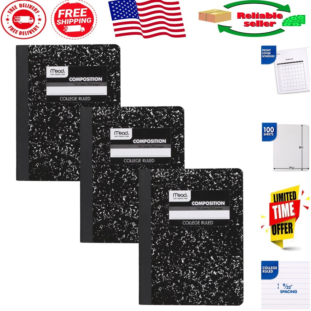 Versatile Black Marble Composition Notebooks, 3 Count, Ideal for Journaling