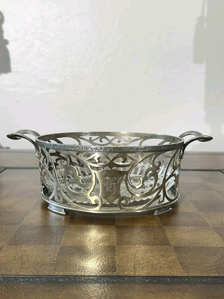 VTG Silverplate Openwork Serving Dish w/ Handles & Glass Insert Monogram MBC EP