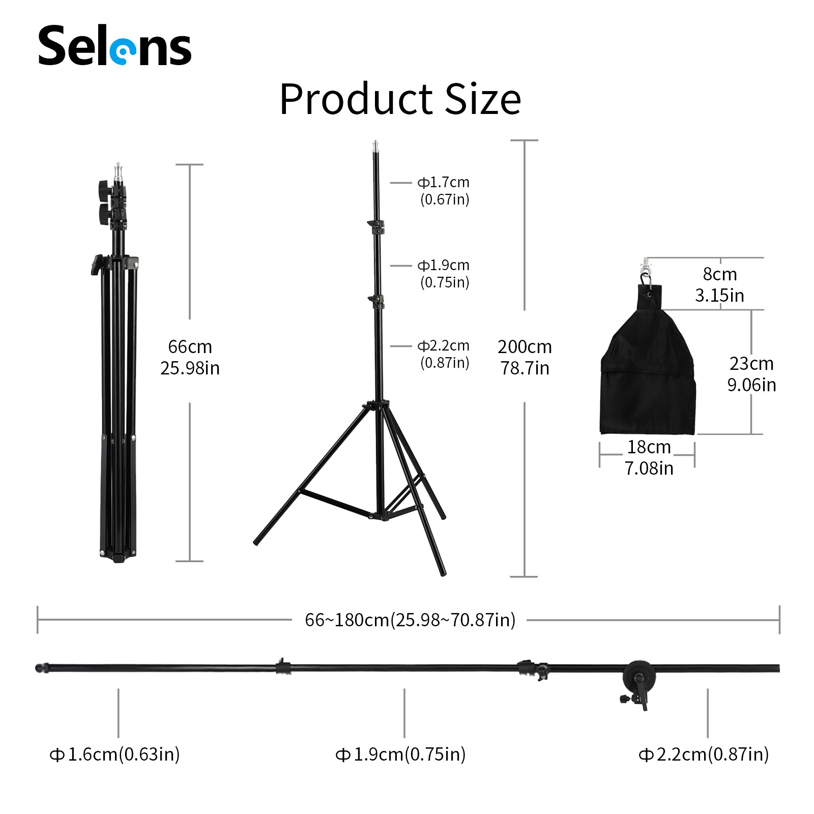 Selens 6.5FT Light Stand Photo Studio Reflector Holder Boom Arm + Sand Bag