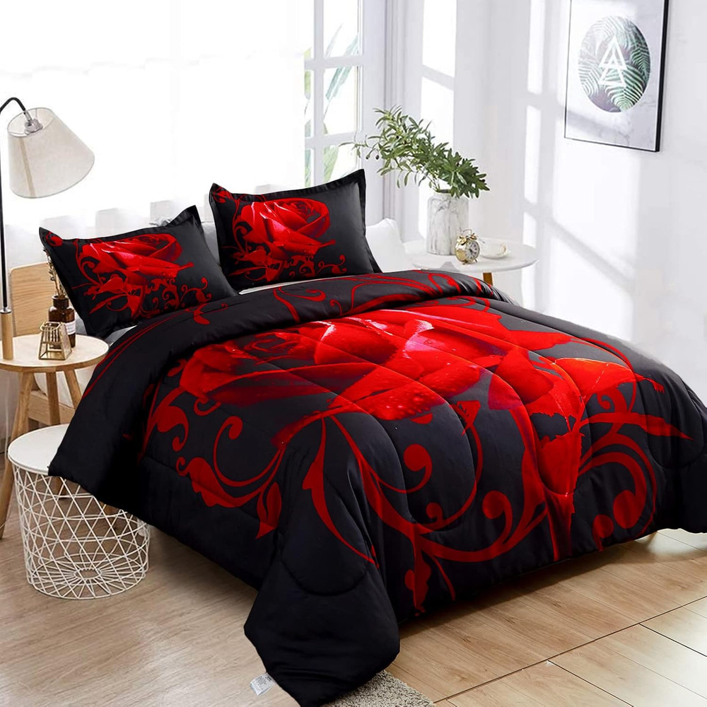 Red Comforter Set Queen Reversible Red Rose Pattern Printed Bedding down Comfort
