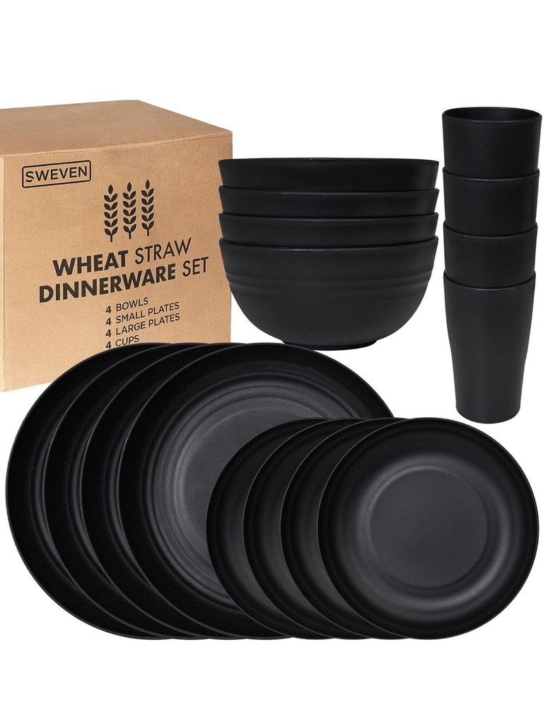 Wheat Straw Dinnerware Set 16pcs Unbreakable Dishwasher Microwave Safe Black