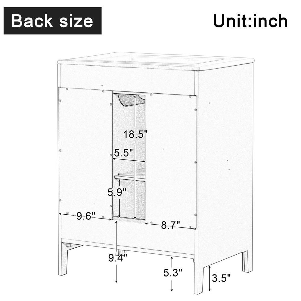 Grey 24" Bathroom Vanity with Solid Wood Frame, Smooth Ceramic Basin, Adjustable