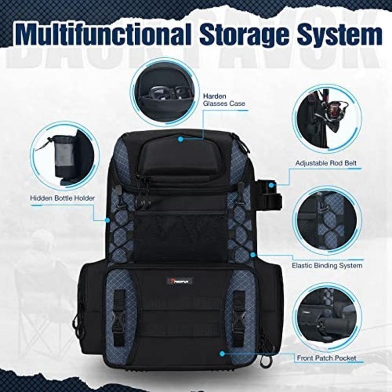 Fishing Tackle Backpack W/ Rod Holders Large Storage Comfortable Design Durable