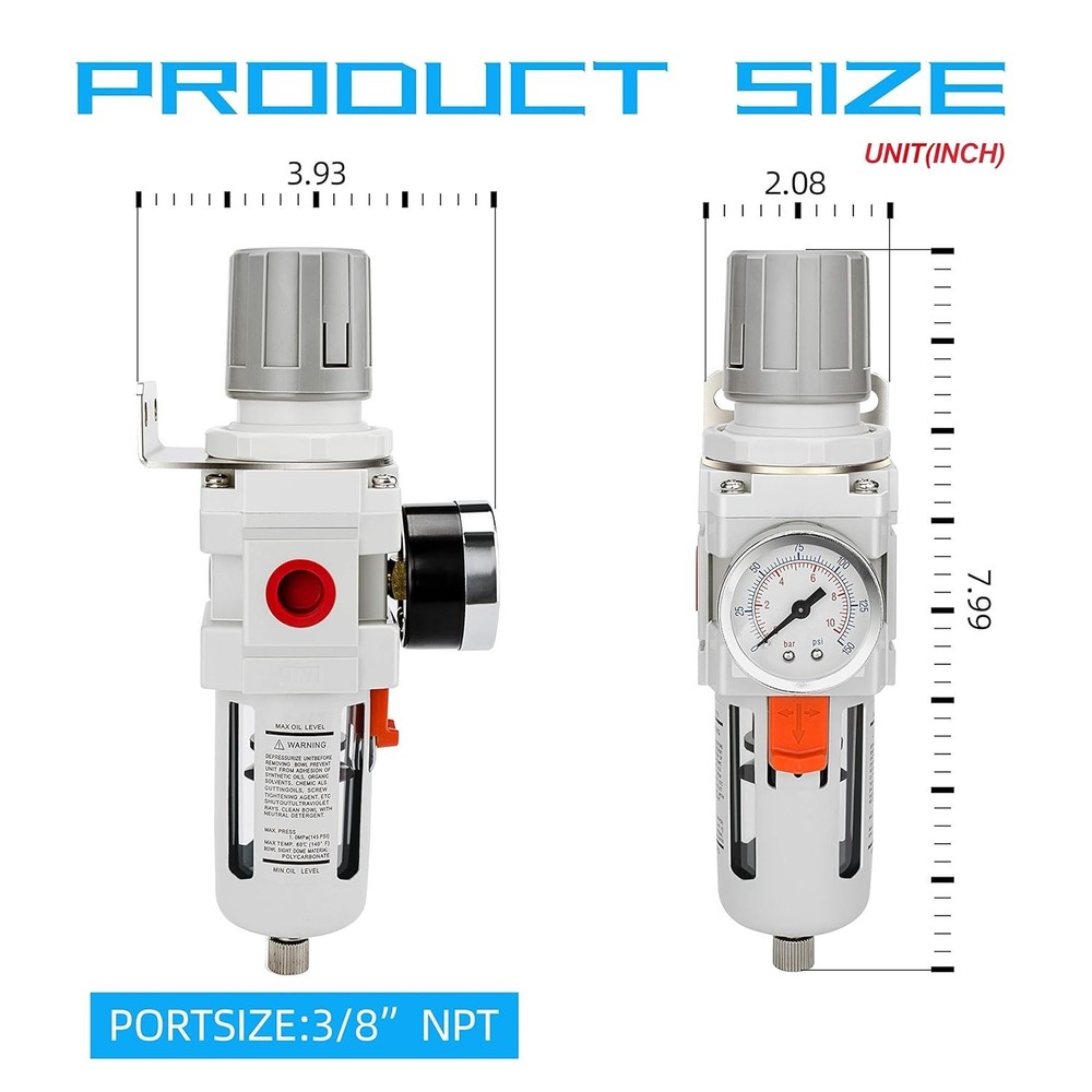 3/8" NPT Compressed Air Filter Regulator with 5 Micron Brass Element