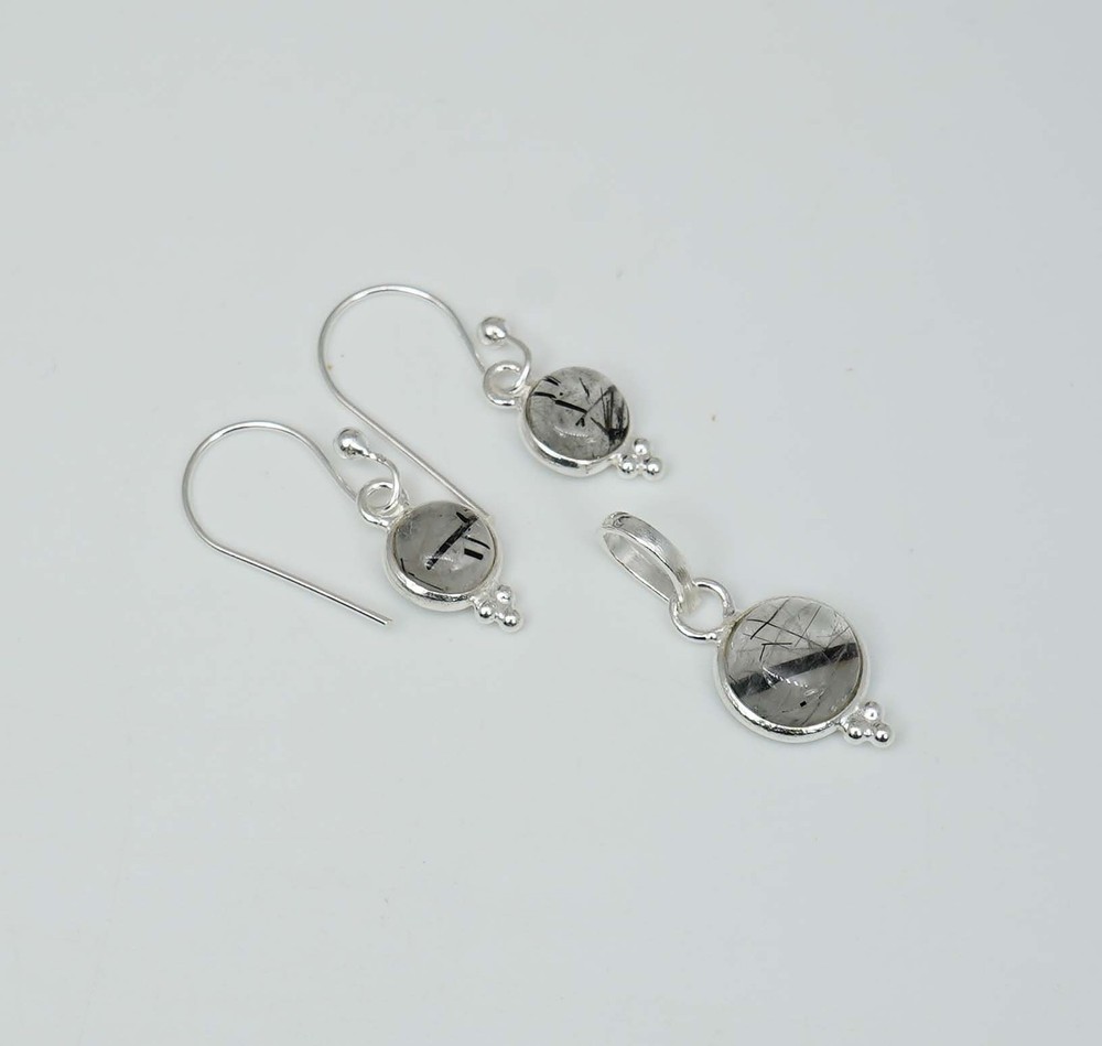 925 Solid Sterling Silver Black Rutile Hook Earring Pendant Set