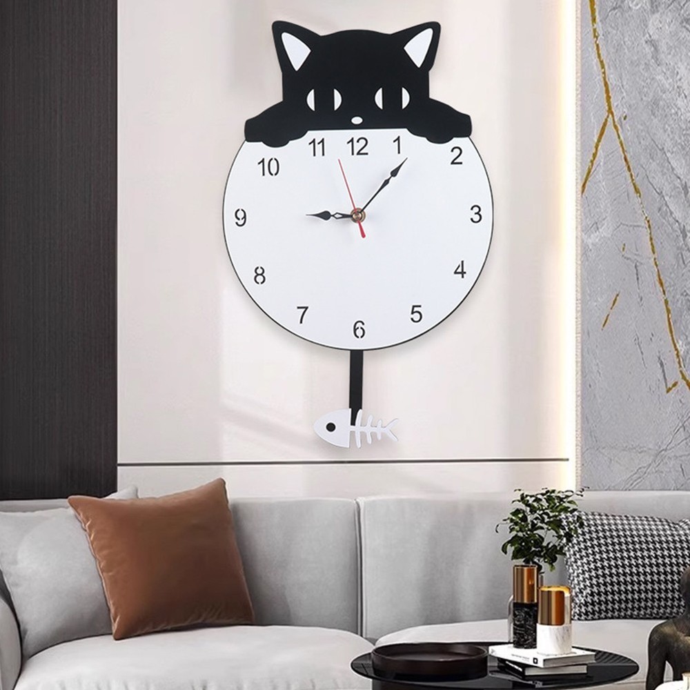 Charming Black Cat Wall Clock in Acrylic for Practical Time Management