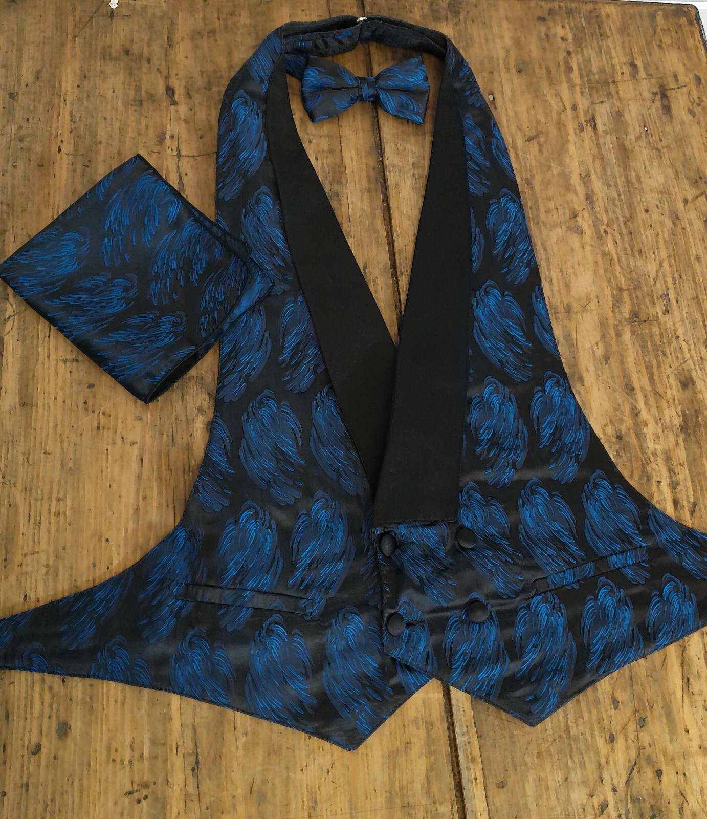 Blue (Feather Brite) Backless Vest w/ Pre Tied Bowtie & Pocket Square