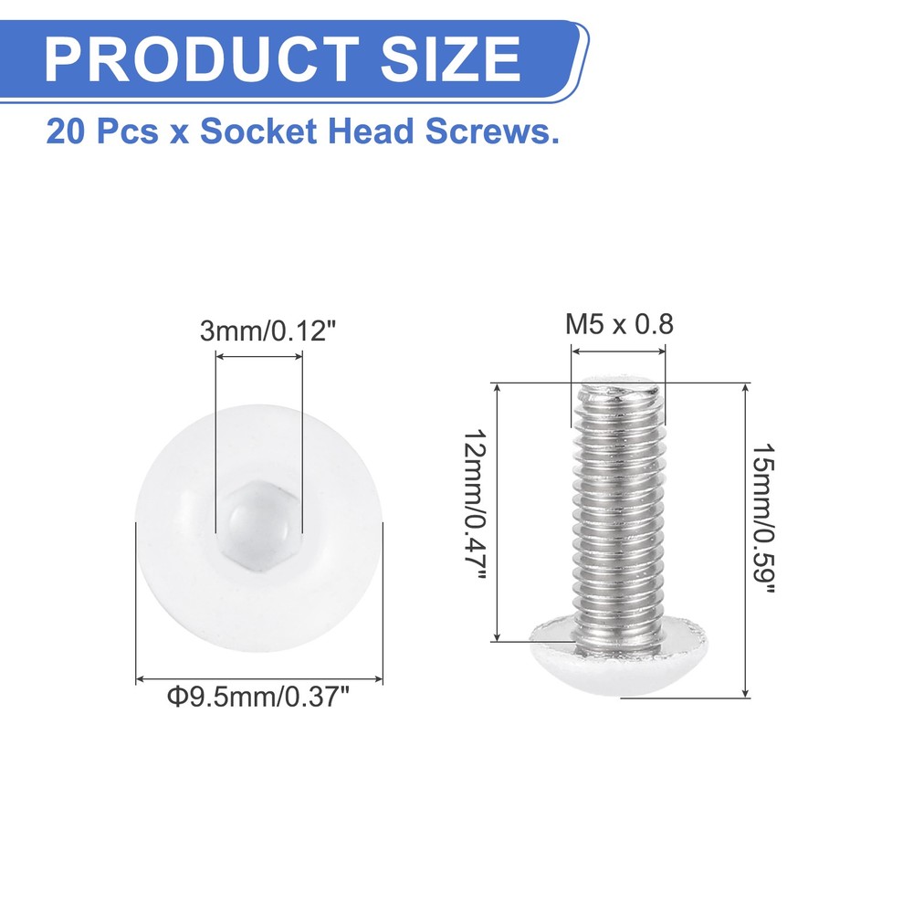 20 Pcs M5-0.8 x 12mm Button Head Socket Cap Screw Machine Screw, White