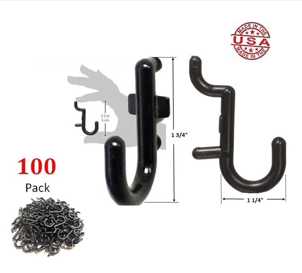 100Pcs Pegboard Accessory Peg Hook Set – Durable, -Locking Black 1/4" J-Style...