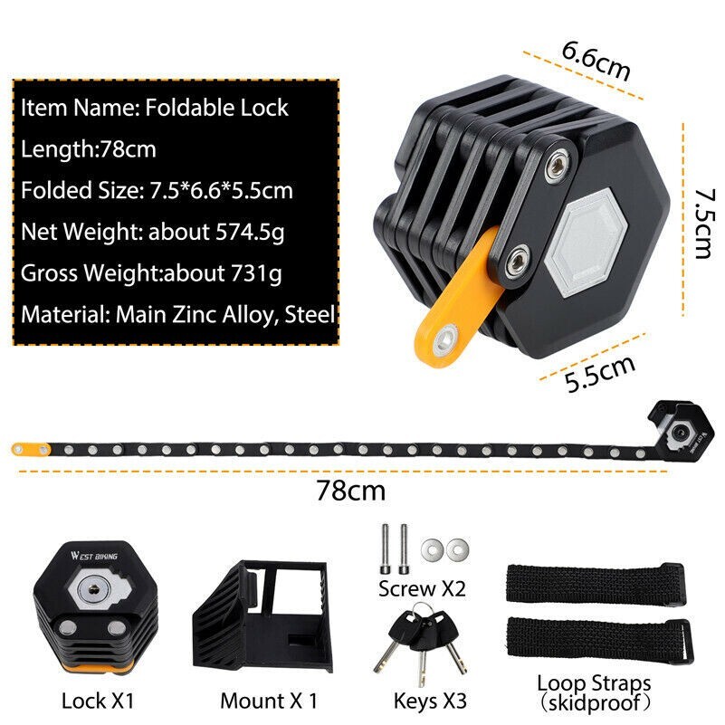 WEST BIKING Foldable Bike Chain Lock Bicycle Antitheft Security Lock With 3 Keys