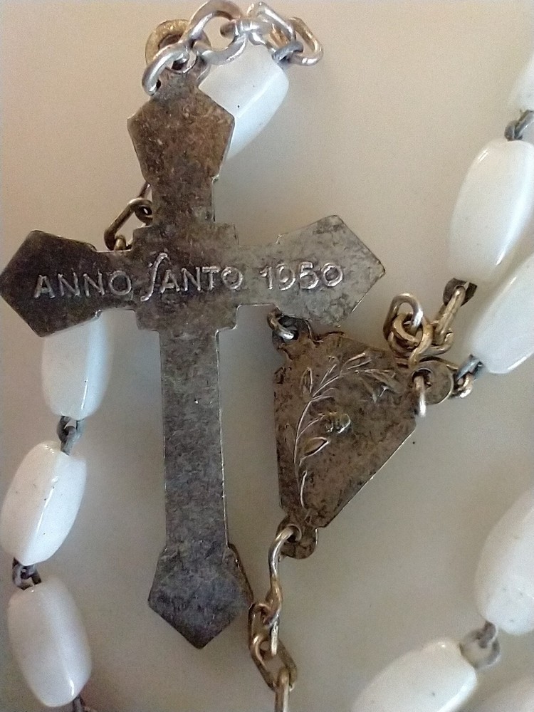 Vintage Catholic Rosary White Oblong Glass Beads Anno Santo 1950
