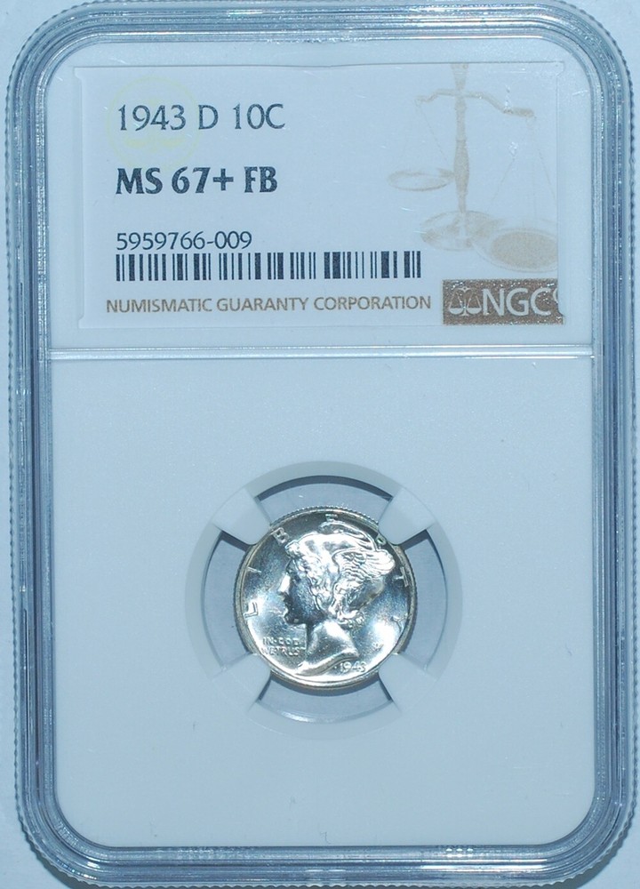 1943 D NGC MS67+FB Full Bands Mercury Dime