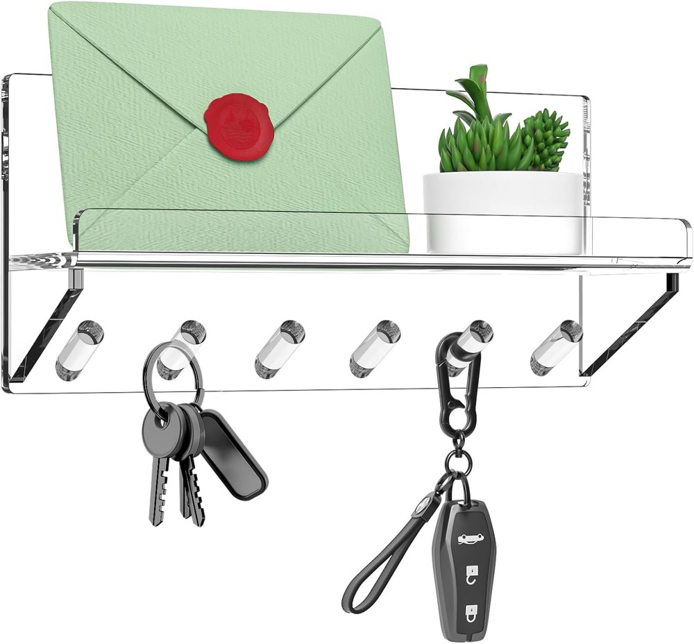 Decorative Wall Key Holder - Acrylic Mounted Key Hooks with Shelf,