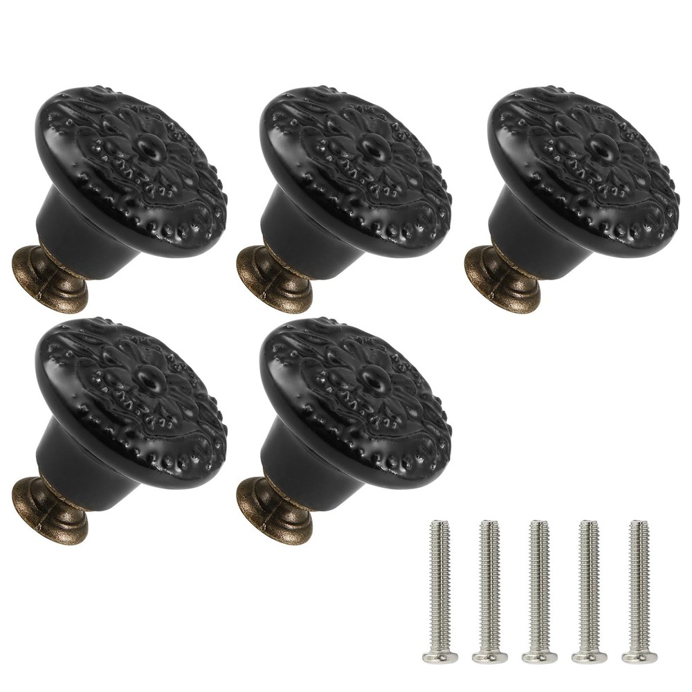 Black Ceramic Knobs 20 Pack Flower Drawer Pulls Vintage Cabinet Knobs - Antiq...