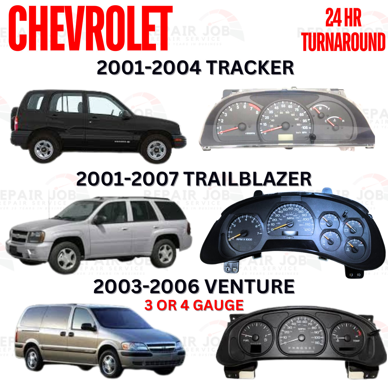 03-07 GM Chevy Sierra Silverado Tahoe Dash Cluster Full Rebuild Repair Service .