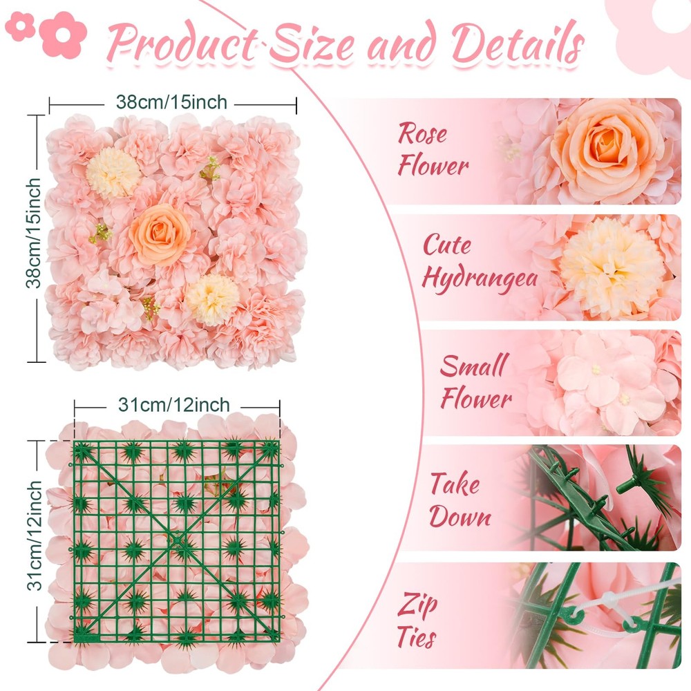 Artificial Flower Wall 5ftx3.74ft Peach Floral Backdrop Wedding Wall Panel Fa...