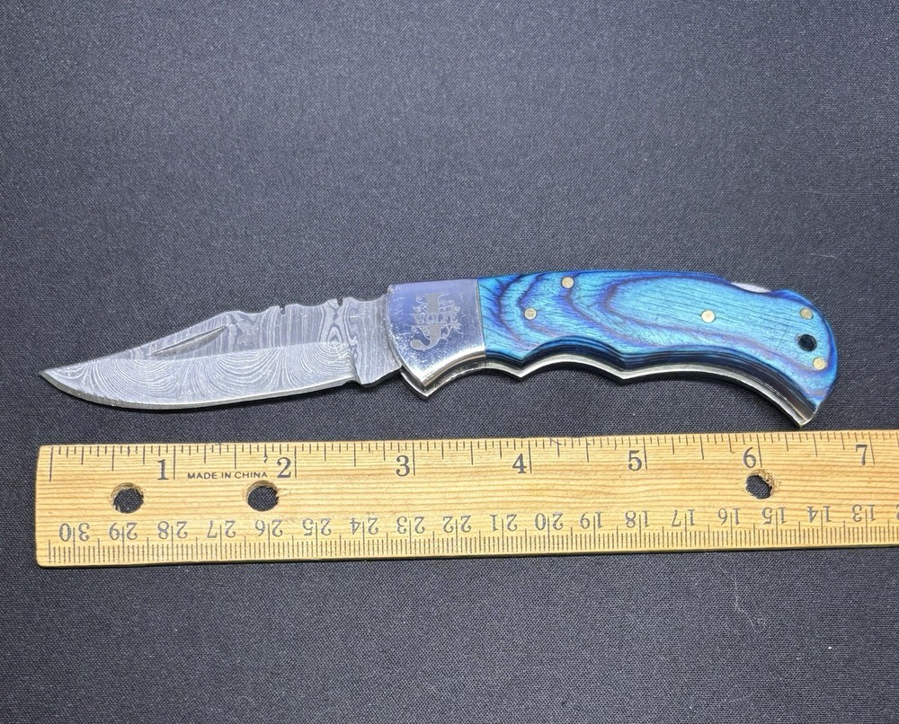 Custom J Wolfe Damascus Folder - Blue Handle Beauty