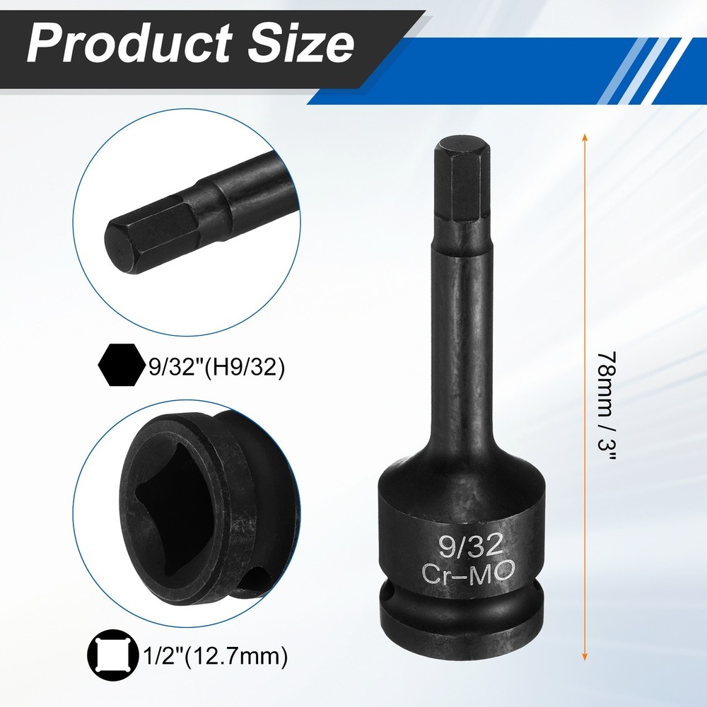 1/2" Drive Impact Hex Bit Socket 9/32 Inch SAE CR-MO Steel Hexagonal Socket