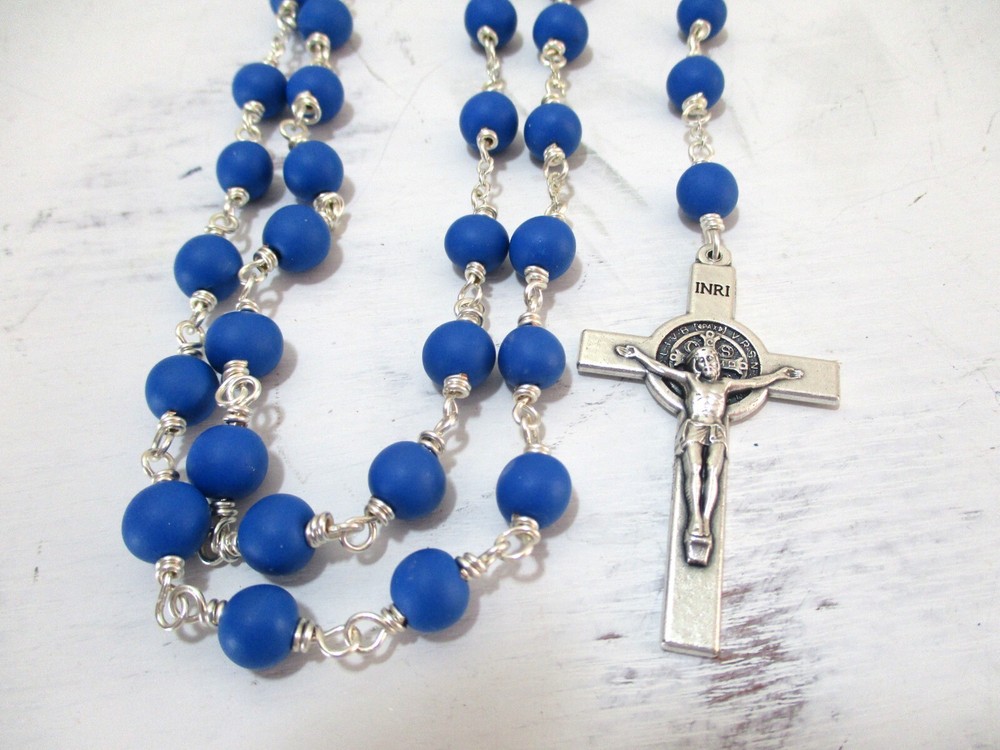 Handmade Catholic Rosary Blue Beads and St. Benedict Silver Crucifix
