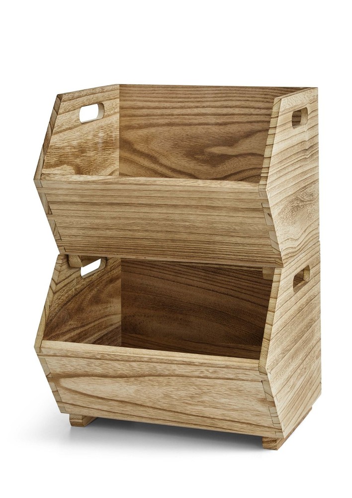 2-Pcs Natural Wood Stacking Open Front Decorative Storage Bin Modern