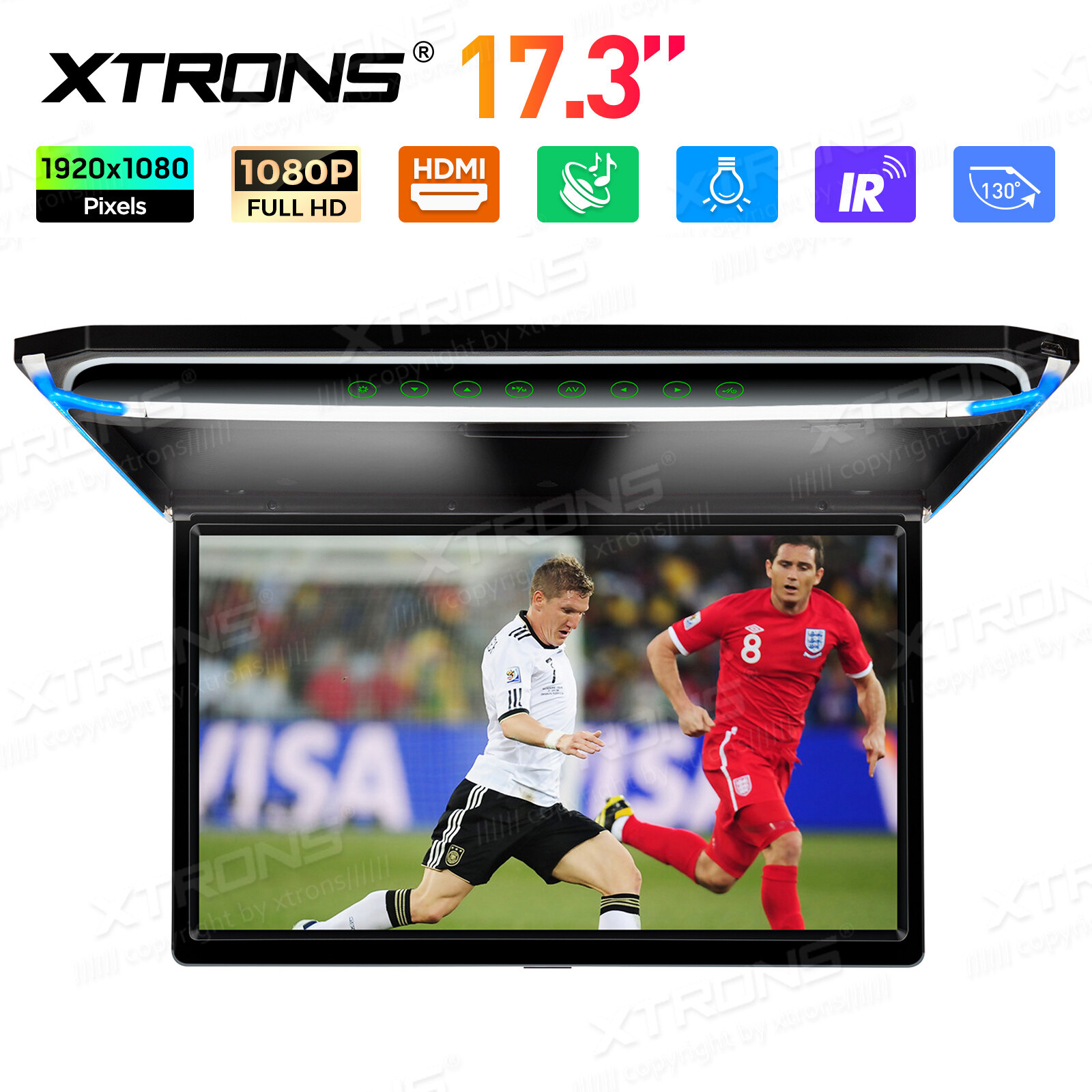 17.3" Car Overhead Ceiling Roof Mount Monitor Flip Down 1080P Video HDMI Player