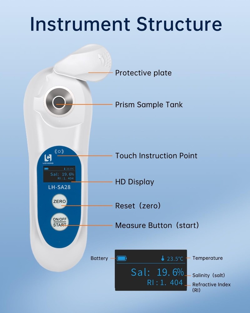 Digital Salinity Refractometer Testing Kit 3-in-1 with ATC/Refractive Index (RI)