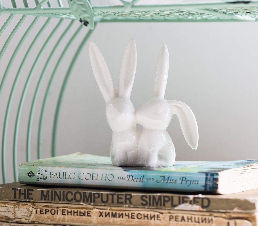 Creative Co-Op Ceramic Bunny Rabbits Ring Holder White