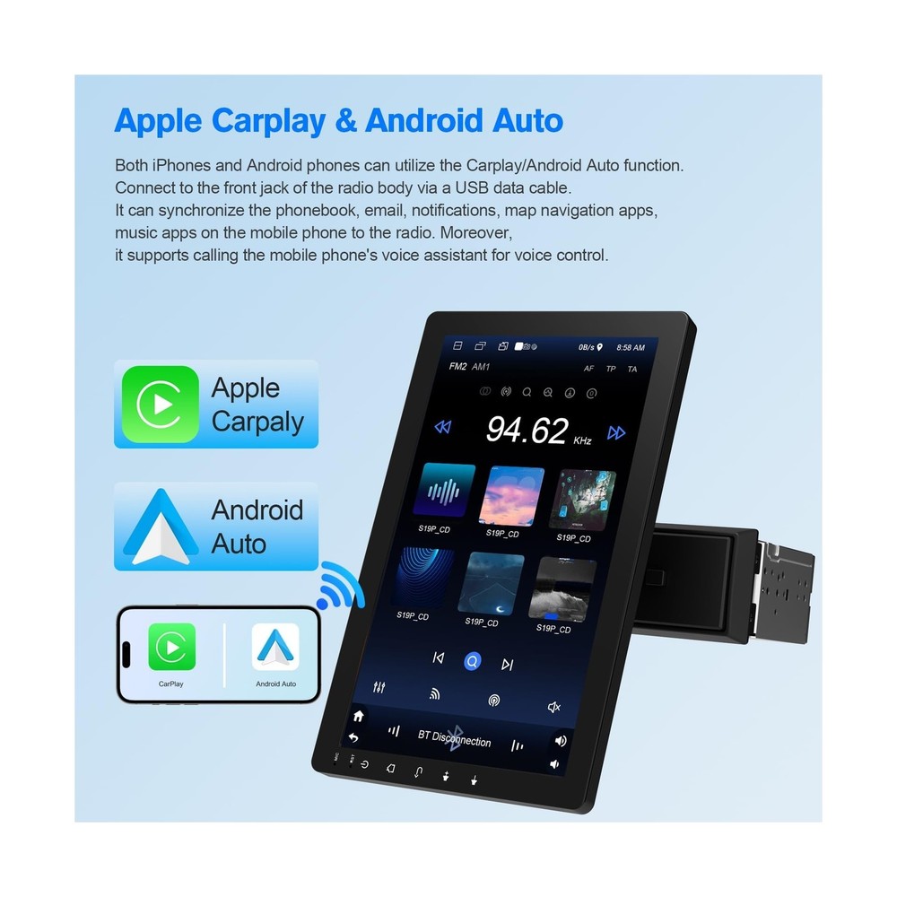 10.1" Rotatable Touch Screen Car Stereo Single Din - Android 13, Wireless Car...