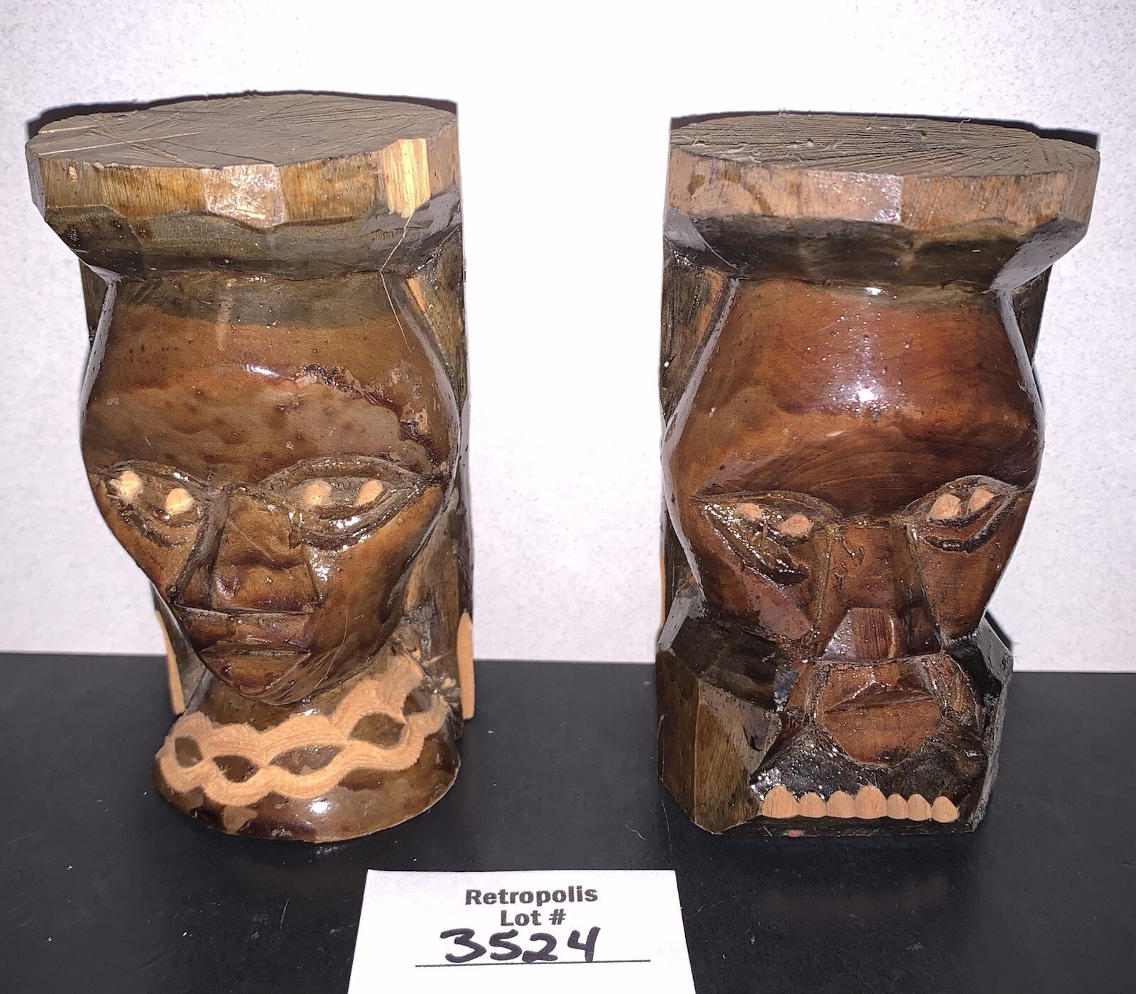 VTG Tribal Wood Totem Head Busts Male Female Hand Carved signed