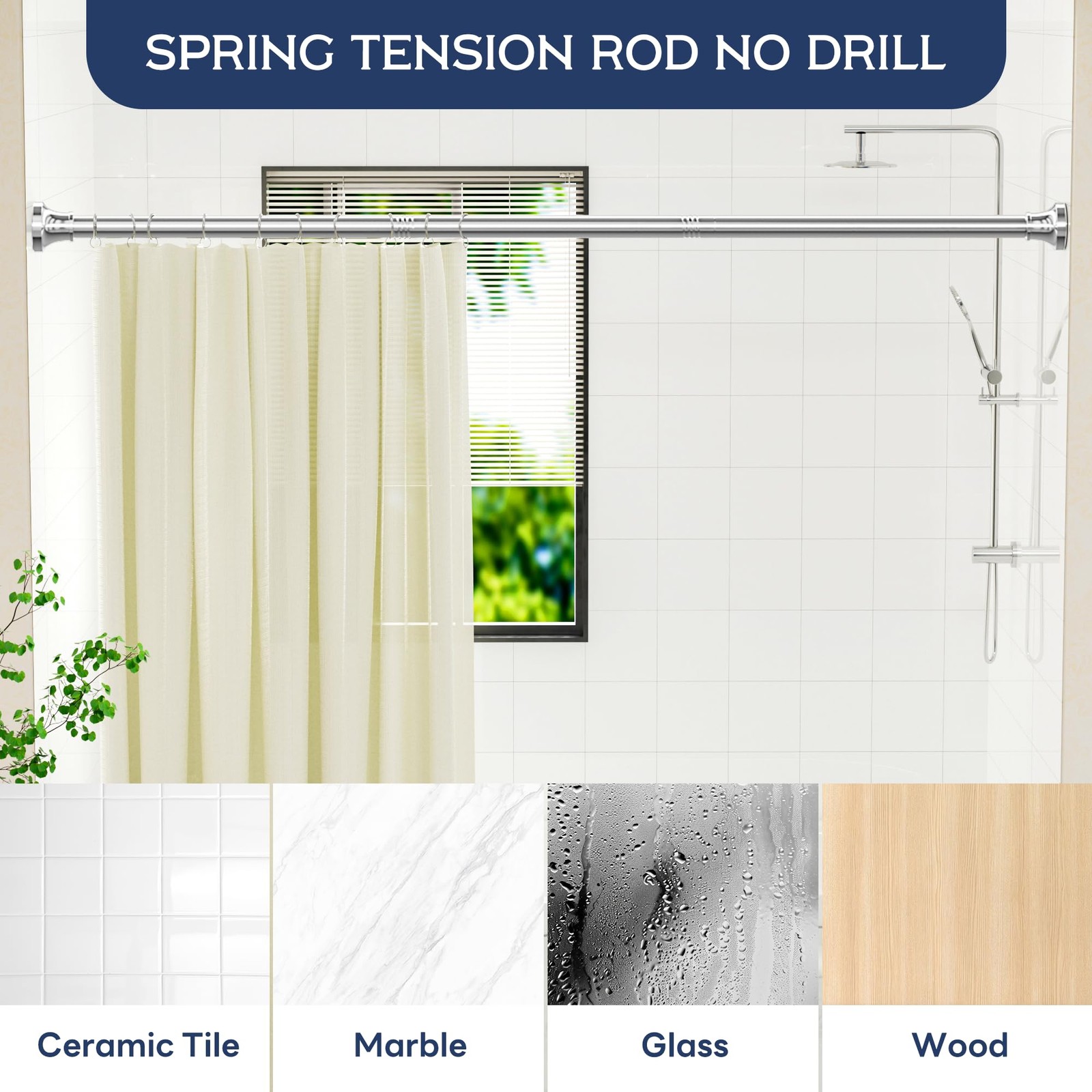 Shower Curtain Rod Spring Tension,Adjustable Stainless Steel 31-80 IN Chrome