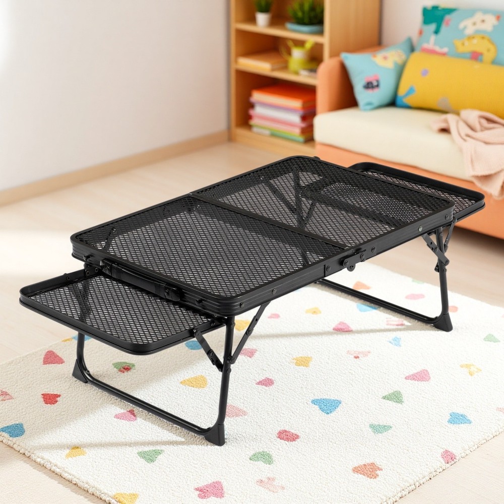 3ft Folding Camping Wire Mesh Table - Side Wings Adjustable Aluminum Frame Black