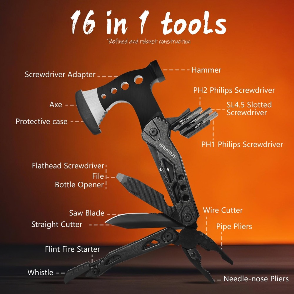Camping Multitool Accessories Stocking Stuffers for Men 16 in 1 Multi Black