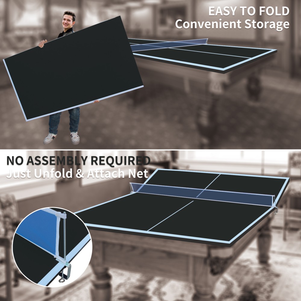 9ft Foldable Ping Pong Table Top for Indoor Use, Portable Conversion Top w/ Net