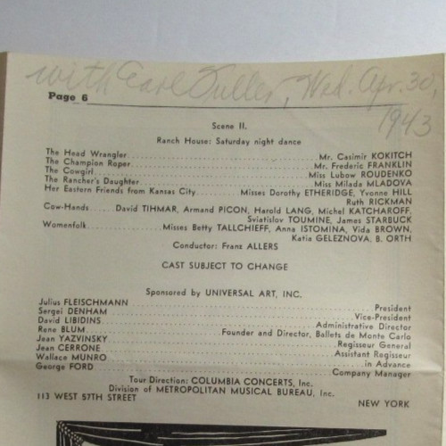 Program - Ballet Russe de Monte Carlo - 1943 - Philadelphia "Betty" Tallchief