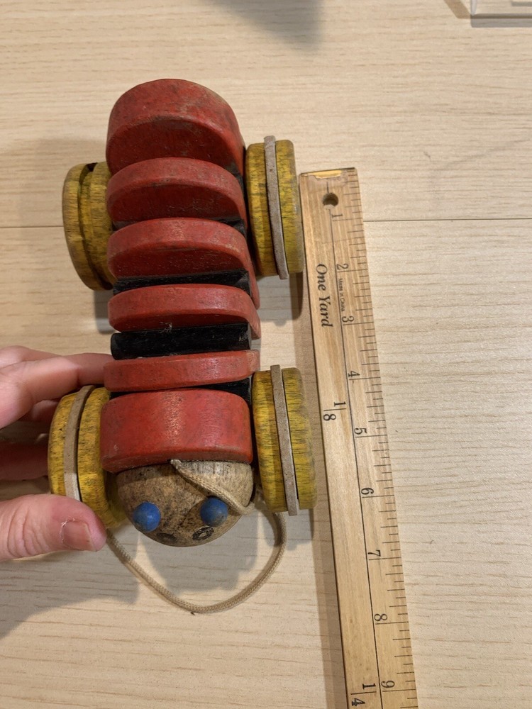 Vintage Inch Worm Pull Toy Solid Painted Wood Action Hand Made 7"
