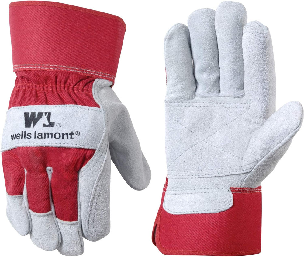 Leather Work Gloves with Safety Cuff, Double Palm, Split Cowhide