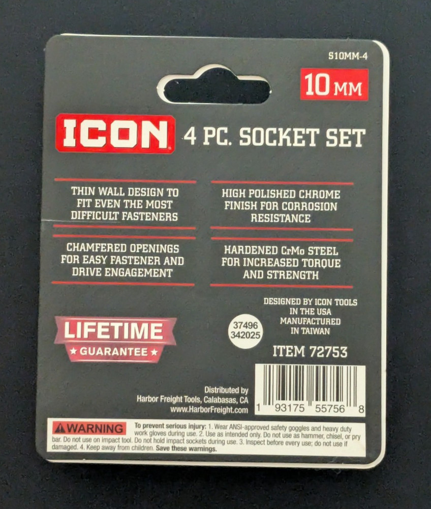 Icon 4pc 10mm Socket Set: 1/4" & 3/8" Drive Shallow & Deep Each #72753