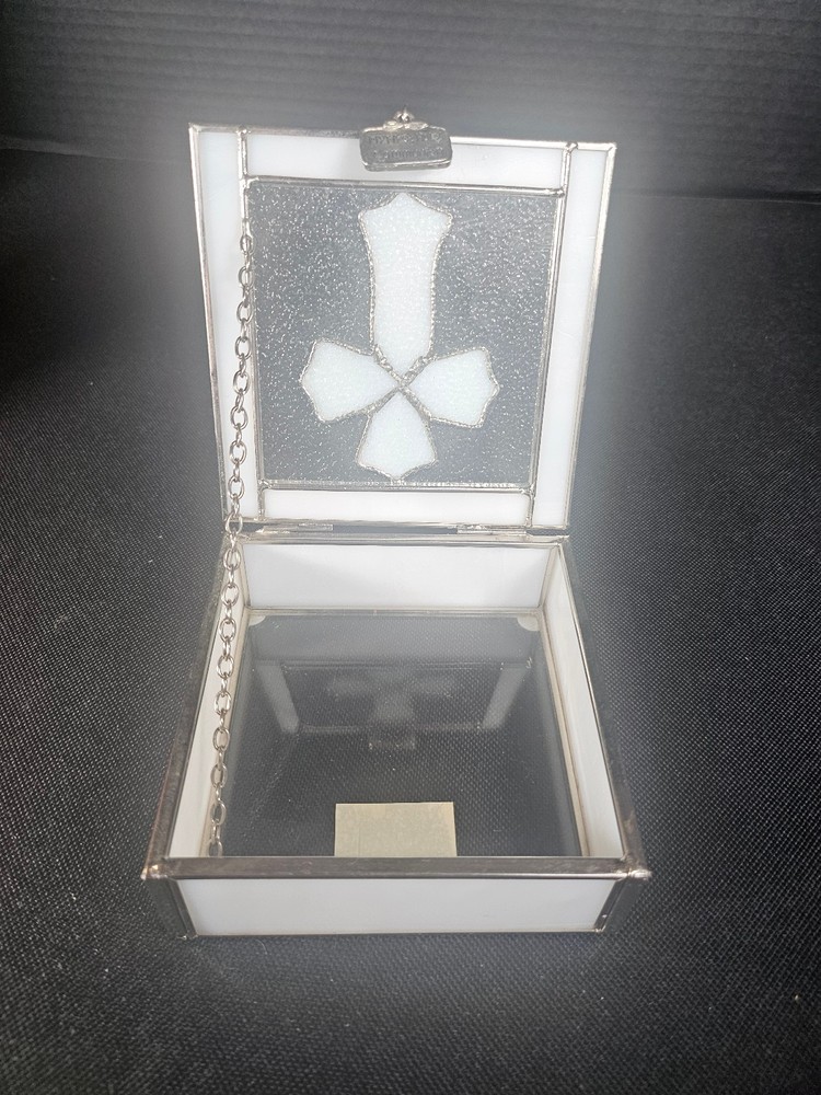 First Communion White Stained Glass Box With Cross