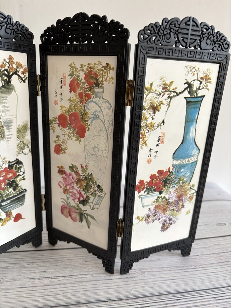 Vintage Asian Style Mini Folding Screen 9” Table Top Room Divider